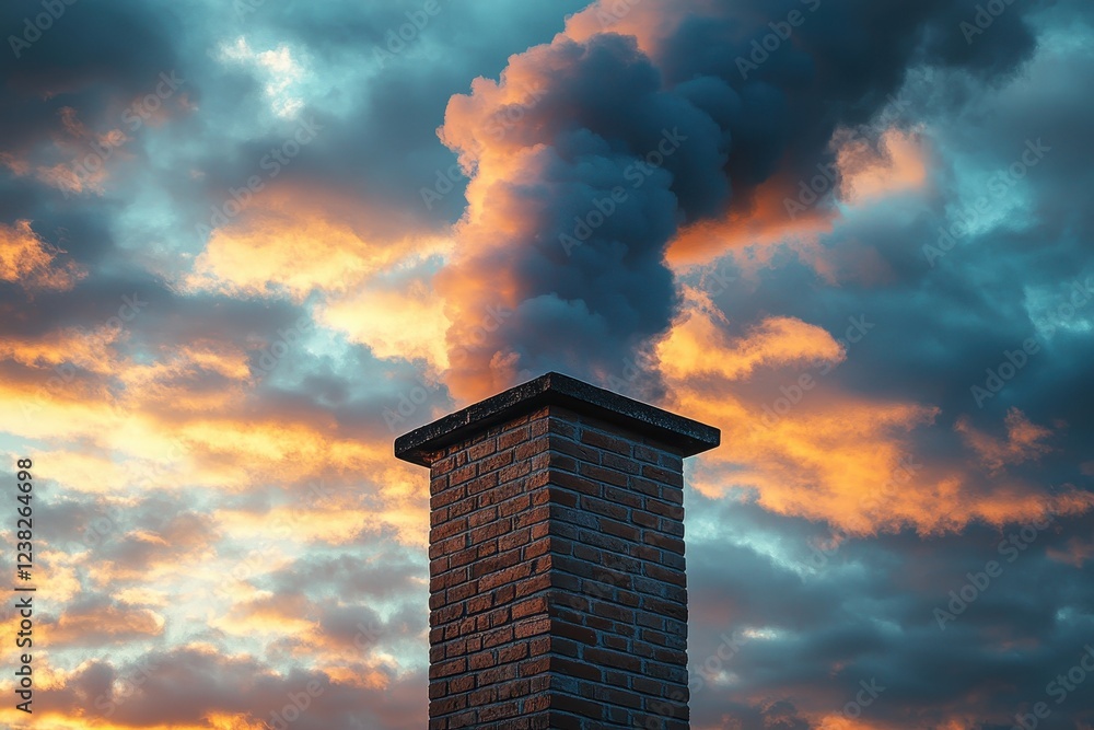 Brick chimney emitting dark smoke against a vibrant sunset sky. Ideal for articles on pollution, energy, or environmental themes. Brick chimney emitting dark smoke against a vibrant sunset sky. Ideal for articles on pollution, energy, or environmental themes.
