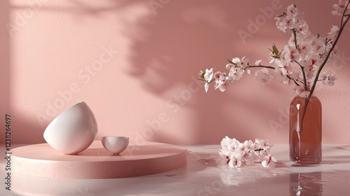 Wallpaper Mural Minimalistic pink decor with ceramic vases and blossoms Torontodigital.ca