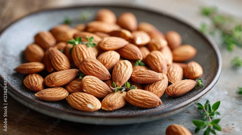 A plate of roasted organic almonds with a handful of fresh herbs, emphasizing their natural, wholesome qualities. A plate of roasted organic almonds with a handful of fresh herbs, emphasizing their natural, wholesome qualities.