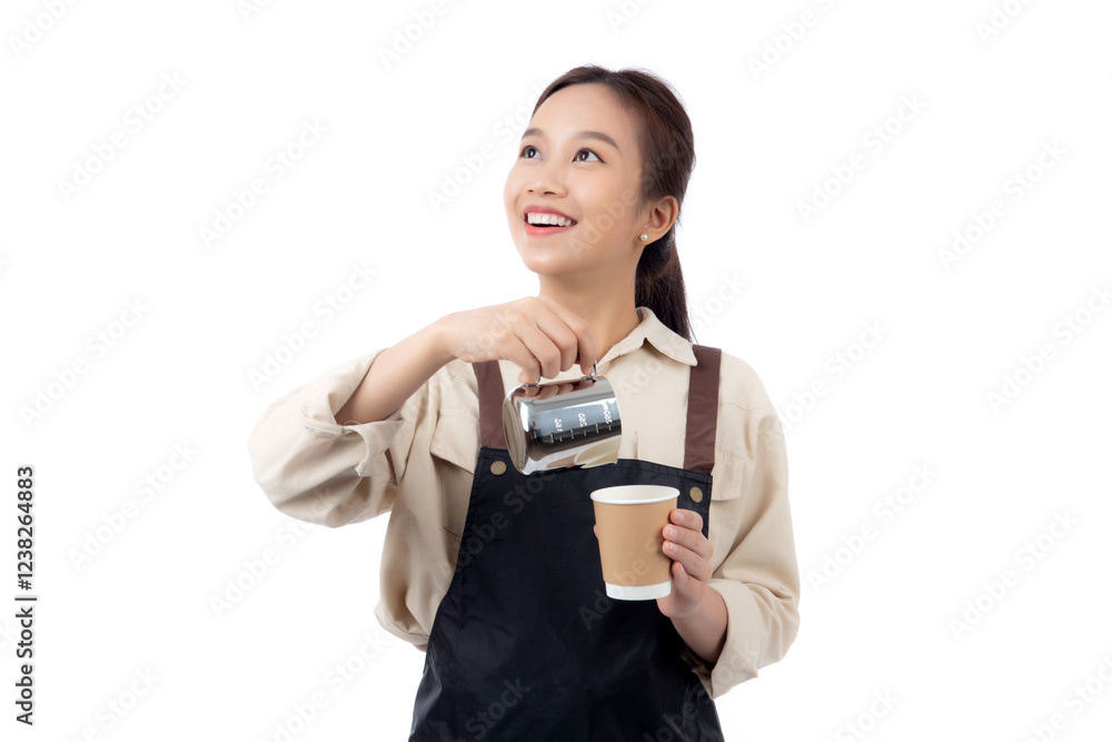 Portrait young asian woman barista work happy holding milk jug pour in coffee cup isolated white background, joyful barista wearing apron holding pitcher and coffee cup, small business or startup. Portrait young asian woman barista work happy holding milk jug pour in coffee cup isolated white background, joyful barista wearing apron holding pitcher and coffee cup, small business or startup.
