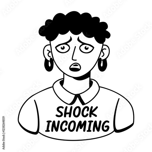 A glyph sticker of a sad character with shock incoming typography 