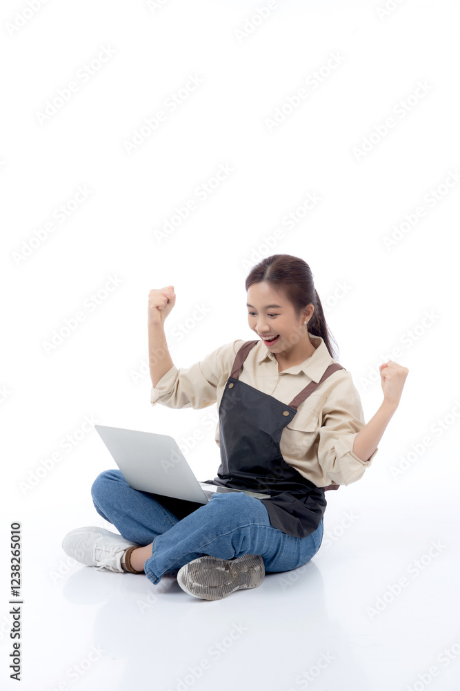 Portrait young asian business woman wearing apron holding laptop computer isolated white background, waitress or barista holding laptop computer with success, cut out, business or freelance. Portrait young asian business woman wearing apron holding laptop computer isolated white background, waitress or barista holding laptop computer with success, cut out, business or freelance.