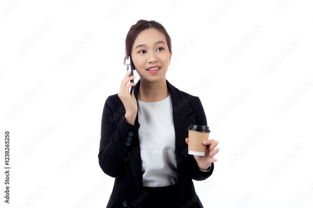 Portrait cheerful young asian businesswoman holding coffee cup while talking smart phone with relax and satisfied isolated white background, business woman drinking coffee and speaking on smartphone. Portrait cheerful young asian businesswoman holding coffee cup while talking smart phone with relax and satisfied isolated white background, business woman drinking coffee and speaking on smartphone.