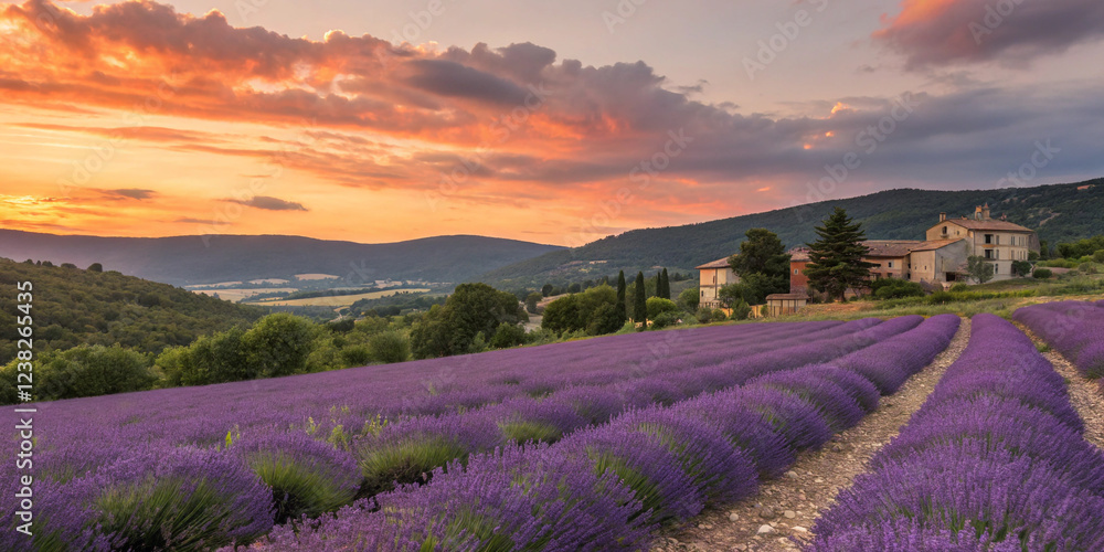 A Lavender Field at Sunset in Provence, France, Capturing Scenic Beauty A Lavender Field at Sunset in Provence, France, Capturing Scenic Beauty