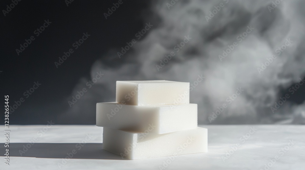 Minimalistic soap bars with steam on a textured surface
