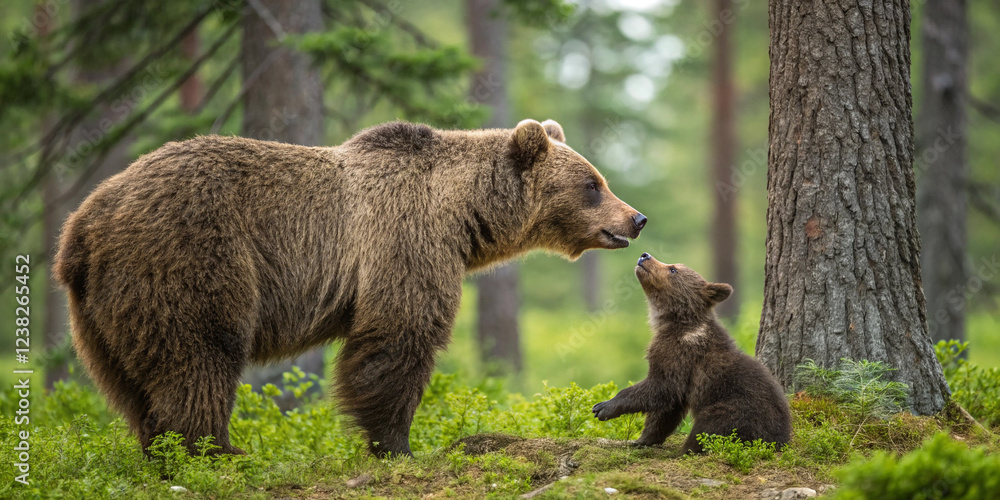 A Large Brown Bear with a Cute Bear Cub, Capturing Wildlife Moments A Large Brown Bear with a Cute Bear Cub, Capturing Wildlife Moments