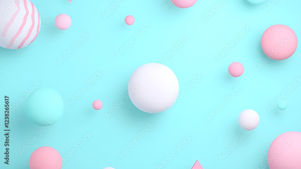 Abstract pastel geometric shapes and spheres on mint green background for modern design and creativity concepts Abstract pastel geometric shapes and spheres on mint green background for modern design and creativity concepts