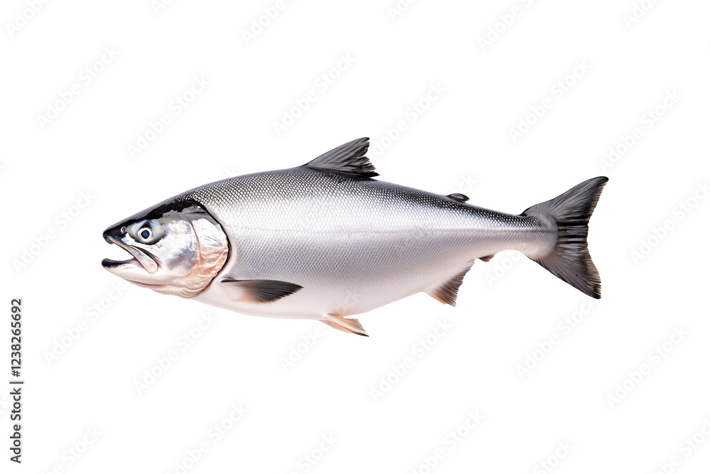 Obraz premium Raw salmon fish with detailed fins and scales, isolated on white transparent background, concept of marine life.