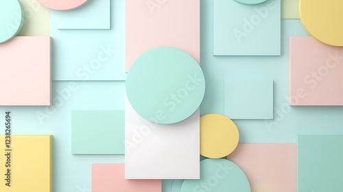 Abstract pastel geometric shapes composition with circles and rectangles on a soft gradient background