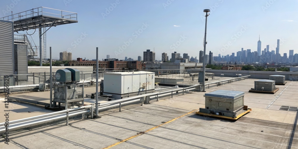 Fototapeta premium Industrial rooftop with metallic structures and urban infrastructure, metal structure, urban jungle, industrial equipment, rooftop view