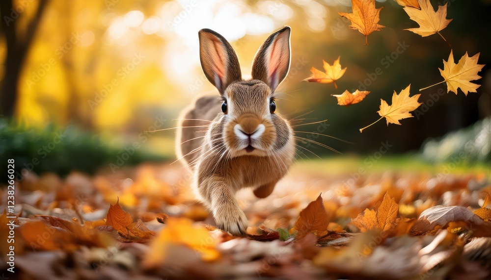 Fototapeta premium A lively rabbit hops through a colorful carpet of fallen leaves under bright sunlight.