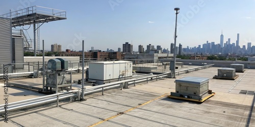 Industrial rooftop with metallic structures and urban infrastructure, metal structure, urban jungle, industrial equipment, rooftop view