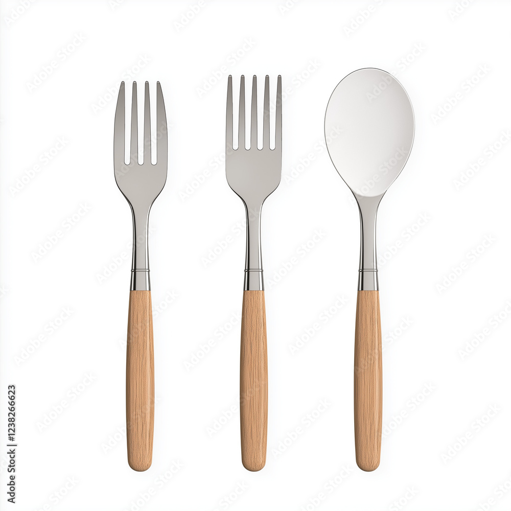 Fototapeta premium A set of kitchen utensils, home accessory element, photorealistic 3D rendering, stainless steel with wooden handles, isolated on white background