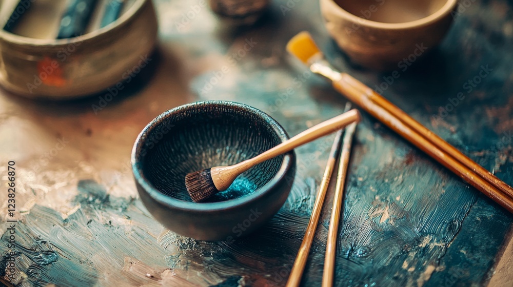 Rustic bowls and chopsticks on a textured blue surface