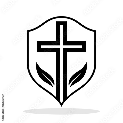 Church logo featuring a christian cross with leaves inside a shield, symbolizing faith, protection and spirituality. Vector illustration