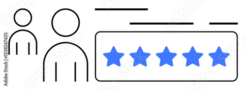 Simplified user icons next to a five-star rating, highlighting user reviews and feedback. Ideal for customer satisfaction, quality assurance, service evaluation, product reviews, user experience