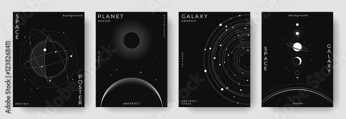 Set of abstract space astronomy backgrounds. Line art galaxy, universe, planet, solar system. Science future concept. Cosmic minimalist design for cover, poster, layout, banner, flyer, brochure