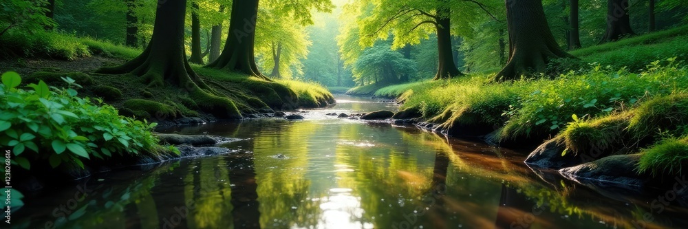Forest stream with rippling water and reflection, forests, reflections, serene Forest stream with rippling water and reflection, forests, reflections, serene