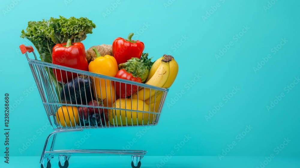 Shopping cart filled with fresh vegetables and fruits on blue Shopping cart filled with fresh vegetables and fruits on blue