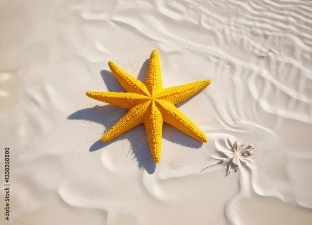 Large yellow starfish in bright sunlight on white sandy beach, animal, ocean, big yellow sea star isolated on white background Large yellow starfish in bright sunlight on white sandy beach, animal, ocean, big yellow sea star isolated on white background