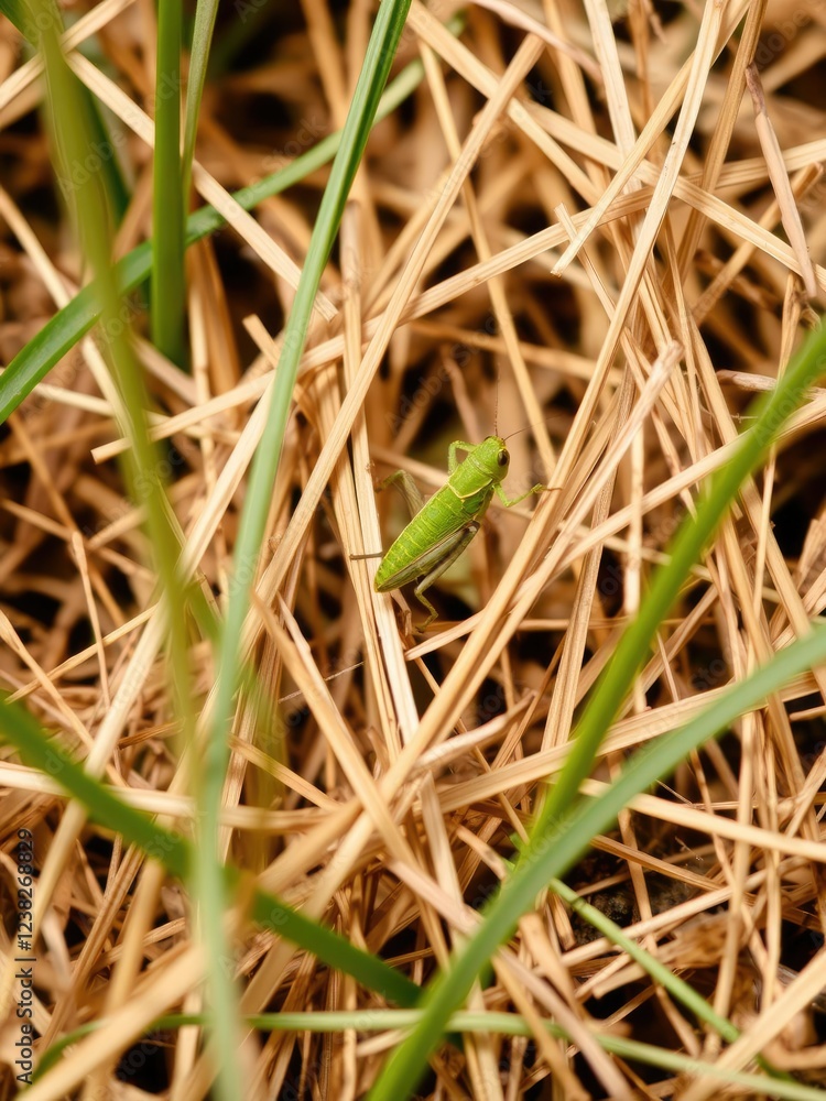 Small green grasshopper camouflaged on dry brown grass, blending seamlessly into its surroundings, small, close-up, arthropod Small green grasshopper camouflaged on dry brown grass, blending seamlessly into its surroundings, small, close-up, arthropod