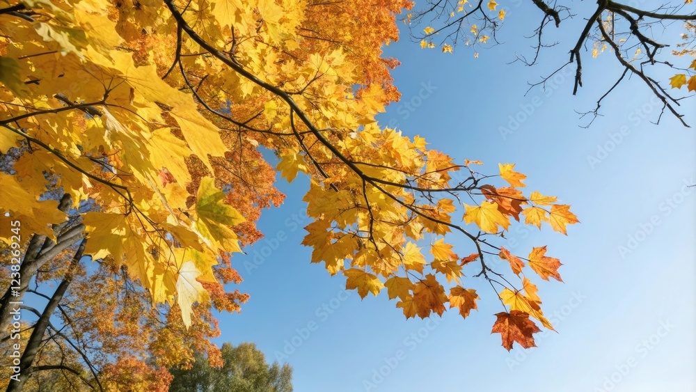 Leafy branches covered with yellow and orange maple leaves against a blue sky, maple leaves, seasonal change, tree foliage, nature landscape, leafy branches Leafy branches covered with yellow and orange maple leaves against a blue sky, maple leaves, seasonal change, tree foliage, nature landscape, leafy branches