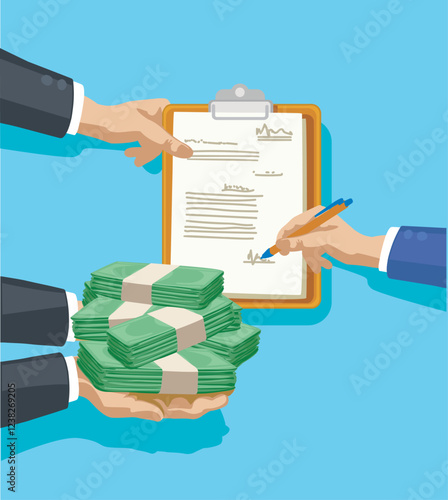 successfull money business hands shaking signed contract Financial money lend contract agreement giving winner vector illustration