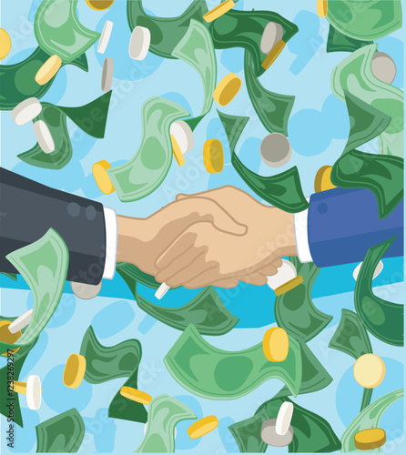 successfull money rain business contract shaking hands  agreement winner vector illustration