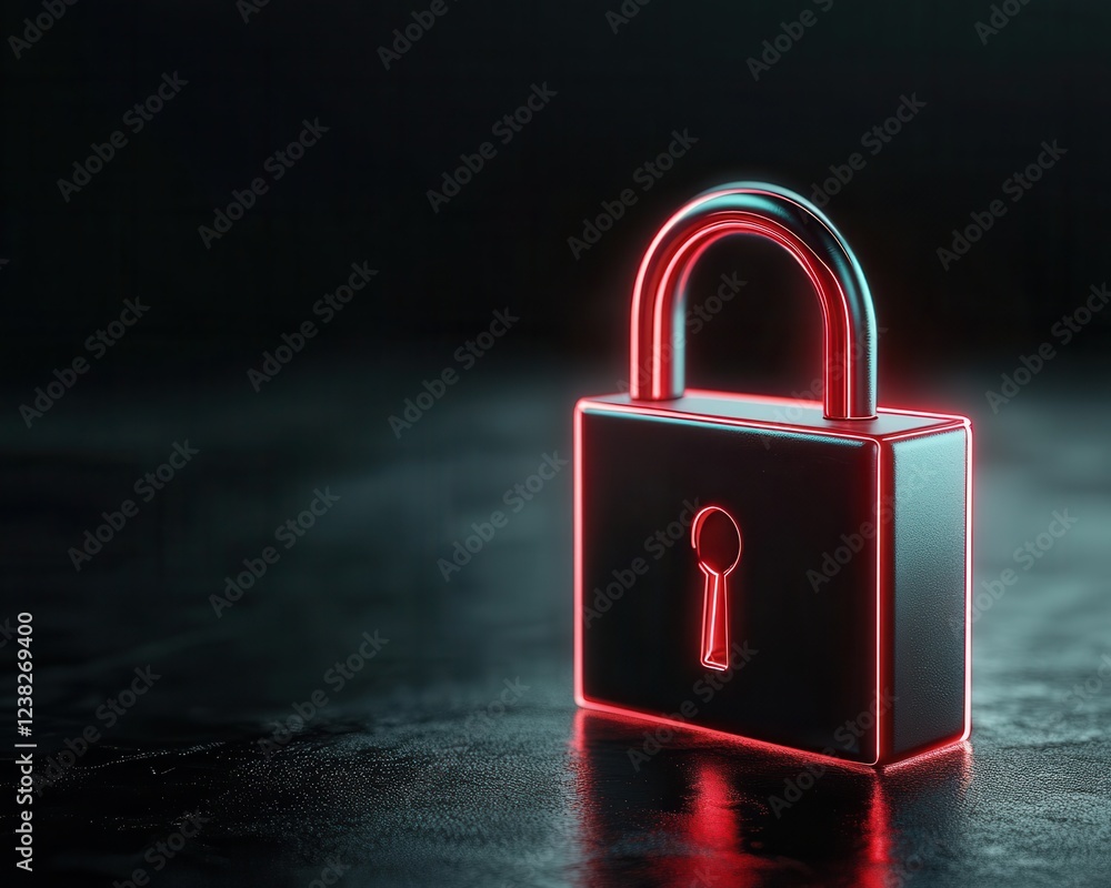 Fototapeta premium A glowing neon padlock on a dark background, symbolizing security and protection in the digital age.