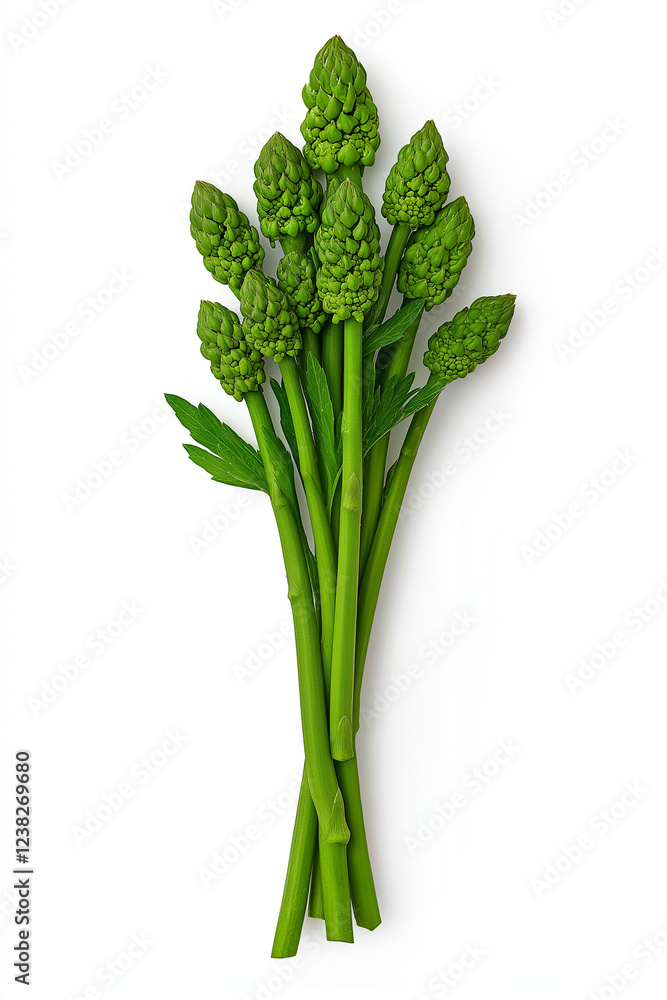 Obraz premium A floating bunch of green asparagus spears, isolated on white background.
