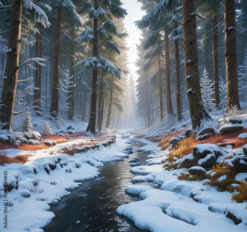 Obraz premium Snowy forest with tall trees and a frozen stream running through the center, snowy woods, calmness