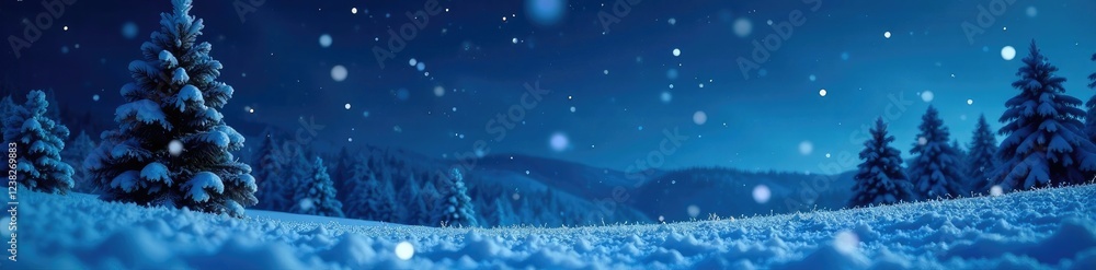 Fototapeta premium Frosty evening landscape with navy blue night sky and falling snow flakes, winter scene, dark blue, cold weather