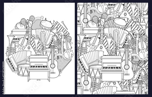 Coloring pages set with musical instruments. Doodle music elements templates for coloring book. Collection with black and white colouring pages for adults and kids. Vector illustration