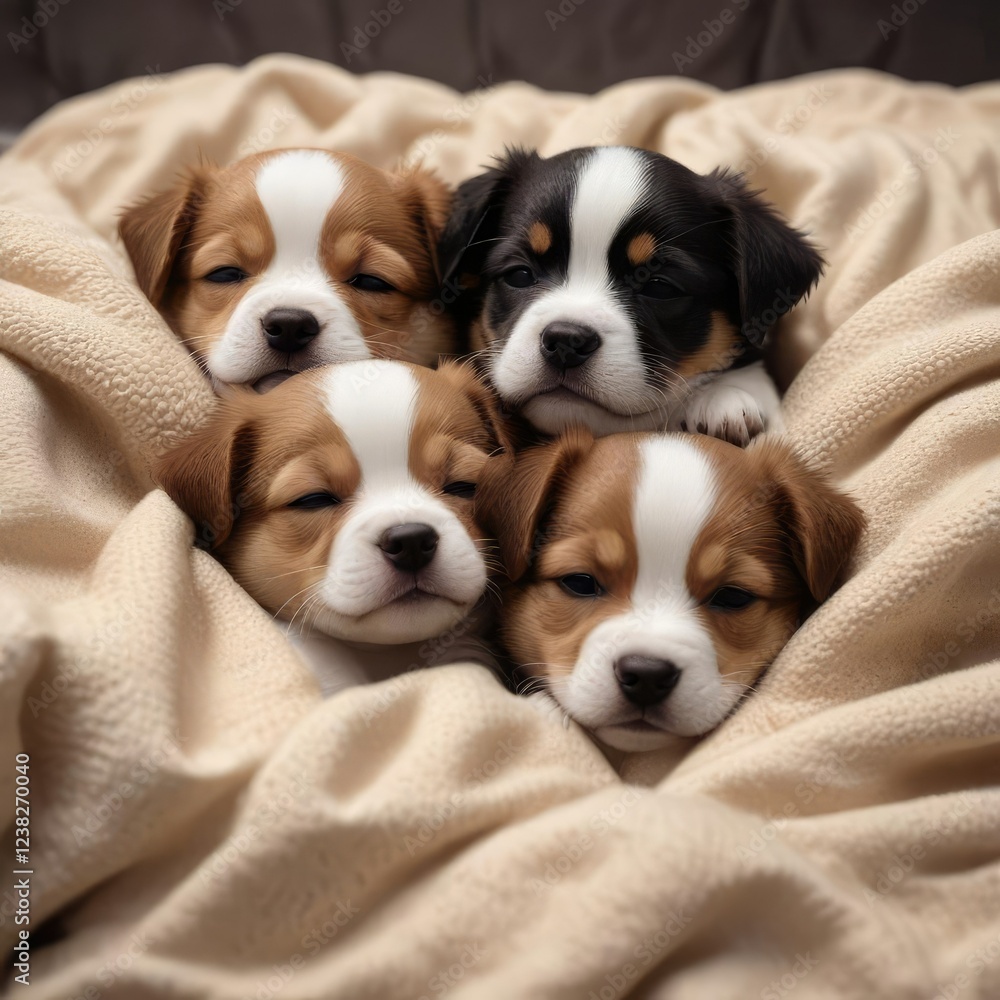 snuggly puppies sleeping together in a bed of blankets, warmth, cozy home snuggly puppies sleeping together in a bed of blankets, warmth, cozy home