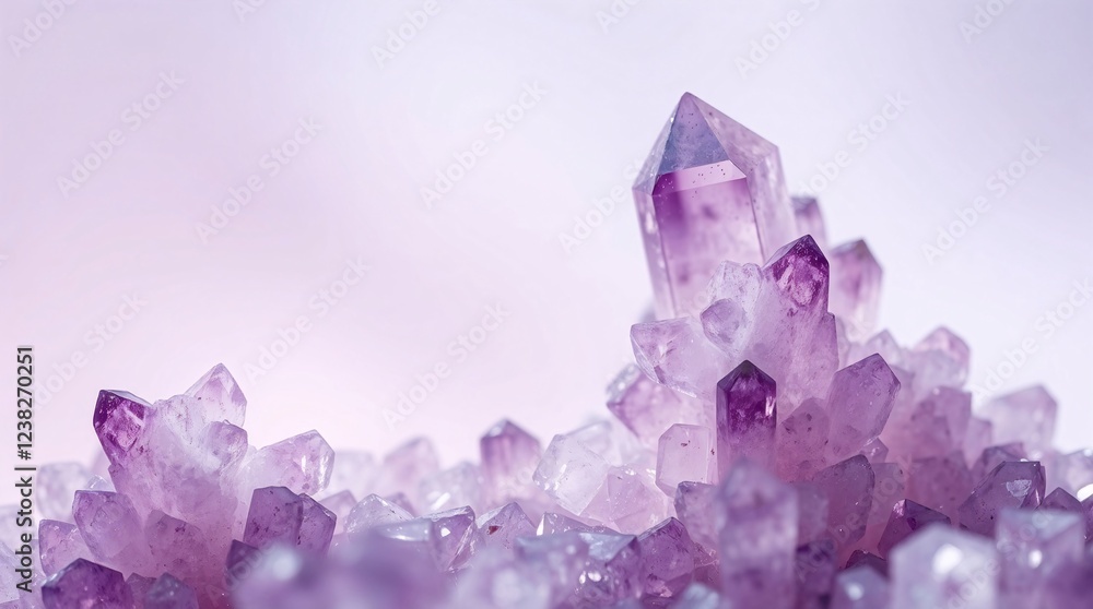 Fototapeta premium Cluster of purple crystals against a blurred light purple background.