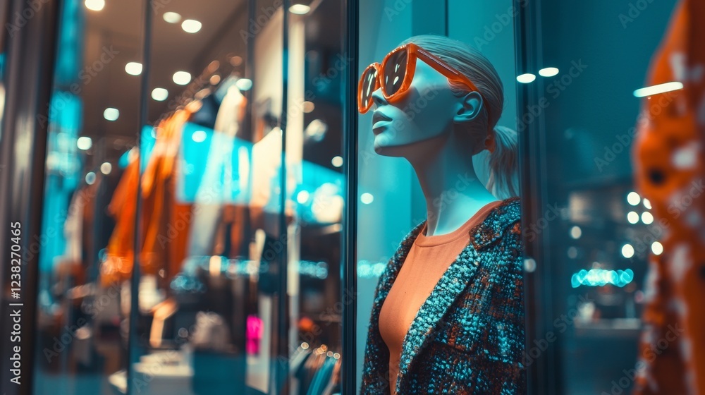 Fototapeta premium Mannequin in a vibrant storefront display with reflections