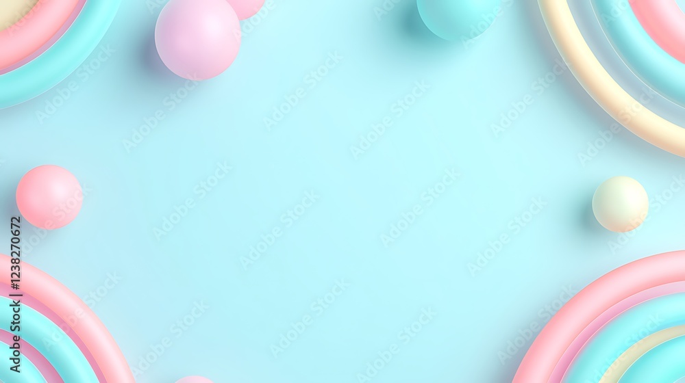 Colorful Abstract Composition with Soft Pastel Circles and Spheres on Light Blue Background Colorful Abstract Composition with Soft Pastel Circles and Spheres on Light Blue Background