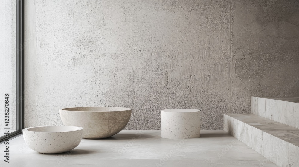 Minimalist white ceramic bowls on a textured neutral surface Minimalist white ceramic bowls on a textured neutral surface
