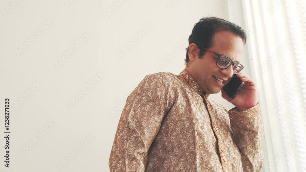 Cheerful Indian man in traditional attire talks on his smartphone, smiling during a conversation. A blend of cultural heritage and modern communication, connectivity, happiness, digital engagement. Cheerful Indian man in traditional attire talks on his smartphone, smiling during a conversation. A blend of cultural heritage and modern communication, connectivity, happiness, digital engagement.