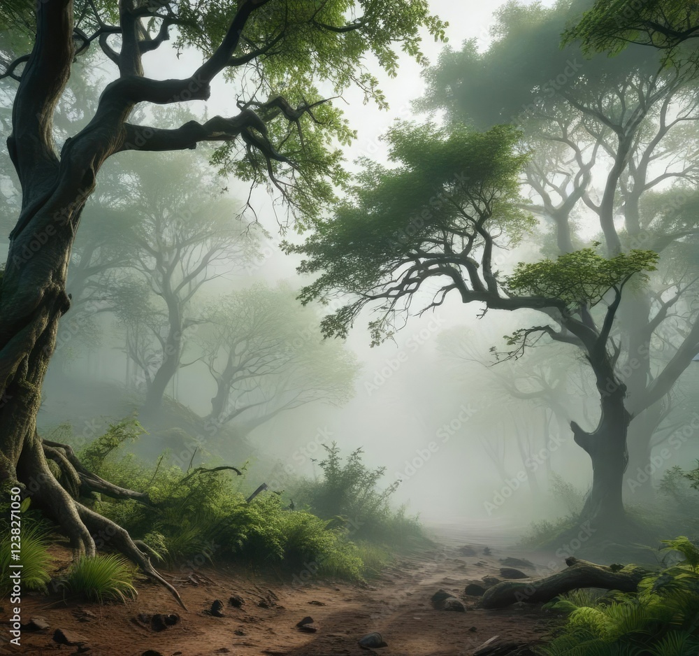 Fototapeta premium Lush green forest with twisted tree branches and foggy atmosphere , wilderness, misty night, nighttime