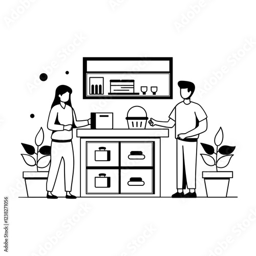 A glyph illustration of a shopkeeper selling things to his customer