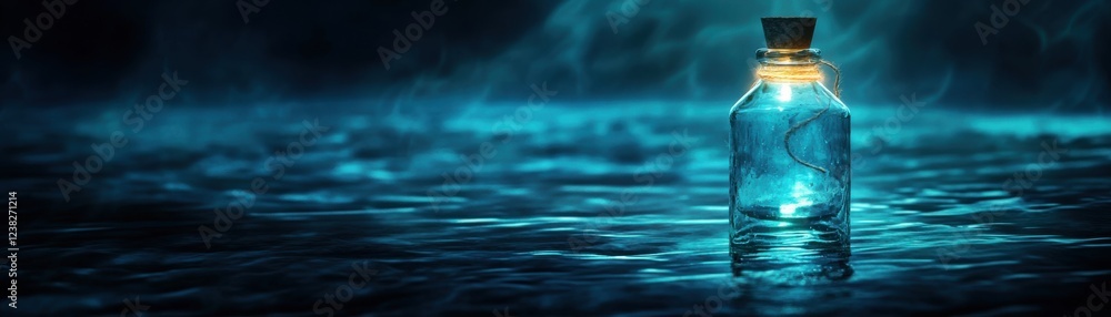 A mystical glowing bottle sitting on serene water, illuminating the surroundings with bluish hues, creating an enchanting atmosphere. A mystical glowing bottle sitting on serene water, illuminating the surroundings with bluish hues, creating an enchanting atmosphere.