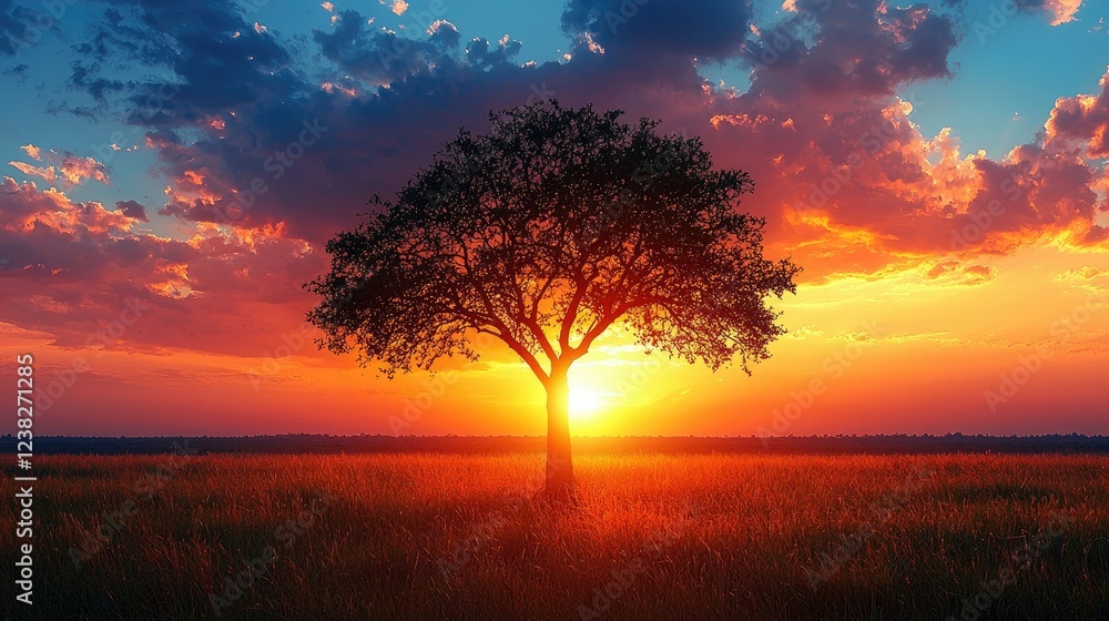 Obraz premium Solitary Tree Silhouetted Against a Vibrant Sunset