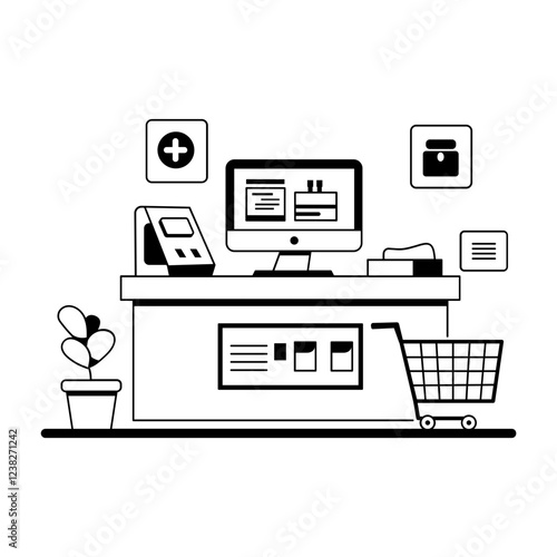 A glyph illustration of shopping billing counter 