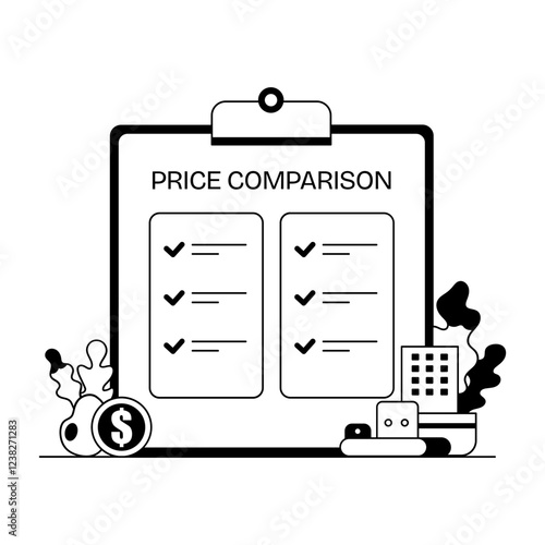 A glyph illustration of a clipboard with a checklist for price comparison