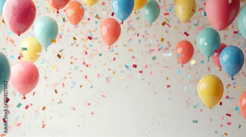  birthday colorful balloons with confetti  on clean background