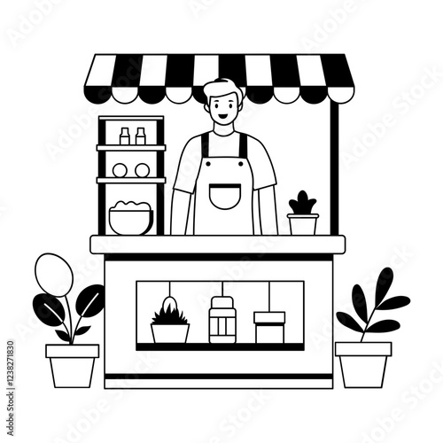 A glyph illustration of a shopkeeper standing on a food stall