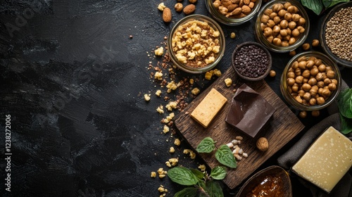 Fototapeta Naklejka Na Ścianę i Meble -  Assorted spices and nuts arranged on dark textured background