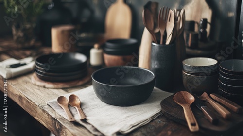 Dark rustic dining setup with ceramic and wooden tableware photo