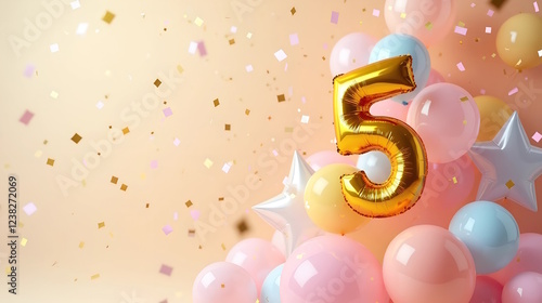 number 5  golden balloon with pastel balloons on festive background